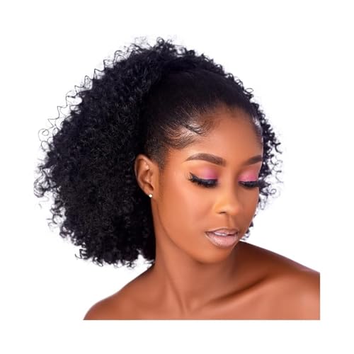 Pferdeschwanz Extensions Kurze Afro Kinky Curly Kordelzug Pferdeschwanz Verlängerung for Schwarze Frauen Synthetische Afro Puff Pferdeschwanz Mit Clips Ponytail Extension(Black) von QRSTUVXZY
