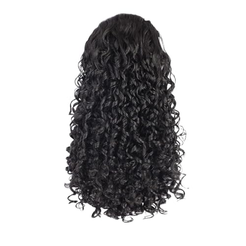 Pferdeschwanz Extensions Lockiges Menschenhaar-Pferdeschwanz mit Kordelzug for schwarze Frauen, brasilianisches unbehandeltes tiefes Wellen-Clip-In-Pferdeschwanz-Verlängerung, natürliches Schwarz Pony von QRSTUVXZY