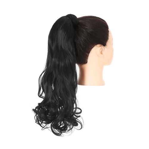 Pferdeschwanz Extensions Synthetische lange, natürlich gewellte Pferdeschwanz-Haarverlängerung for Frauen, hitzebeständige Clip-in-Pferdeschwanz-Haarteile for Umwickeln Ponytail Extension(1B Jet Black von QRSTUVXZY