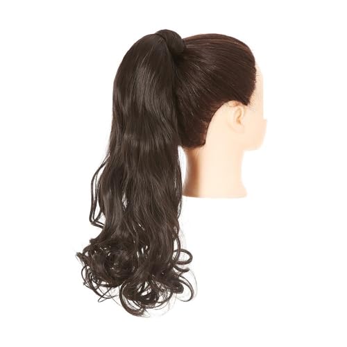 Pferdeschwanz Extensions Synthetische lange, natürlich gewellte Pferdeschwanz-Haarverlängerung for Frauen, hitzebeständige Clip-in-Pferdeschwanz-Haarteile for Umwickeln Ponytail Extension(Black brown) von QRSTUVXZY