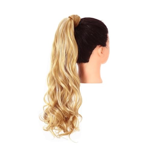 Pferdeschwanz Extensions Synthetische lange, natürlich gewellte Pferdeschwanz-Haarverlängerung for Frauen, hitzebeständige Clip-in-Pferdeschwanz-Haarteile for Umwickeln Ponytail Extension(Golden Blond von QRSTUVXZY