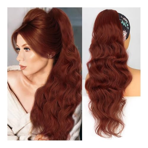 Pferdeschwanz Extensions Synthetischer, langer, gewellter Pferdeschwanz mit Kordelzug for Frauen, synthetische, gewellte Haarverlängerung for Anklipsen, Haarteil, Kunsthaar Ponytail Extension(Wine red von QRSTUVXZY