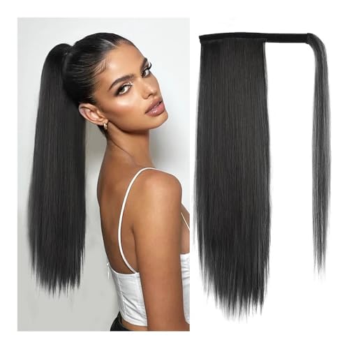 Pferdeschwanz Extensions Synthetischer langer gerader Pferdeschwanz for Umwickeln, Clip-in-Haarverlängerung for Frauen, natürlicher Mix aus blondem Pony-Haarteil Ponytail Extension(BLACK) von QRSTUVXZY