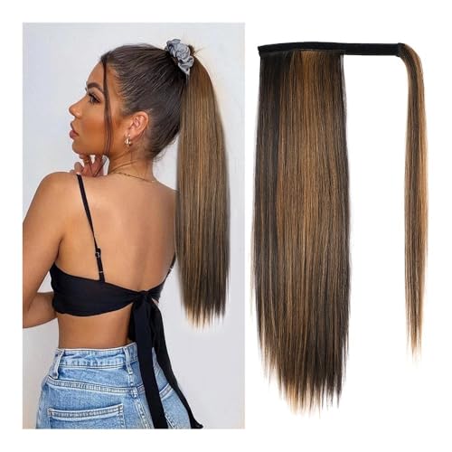 Pferdeschwanz Extensions Synthetischer langer gerader Pferdeschwanz for Umwickeln, Clip-in-Haarverlängerung for Frauen, natürlicher Mix aus blondem Pony-Haarteil Ponytail Extension(Mix Dark Brown) von QRSTUVXZY