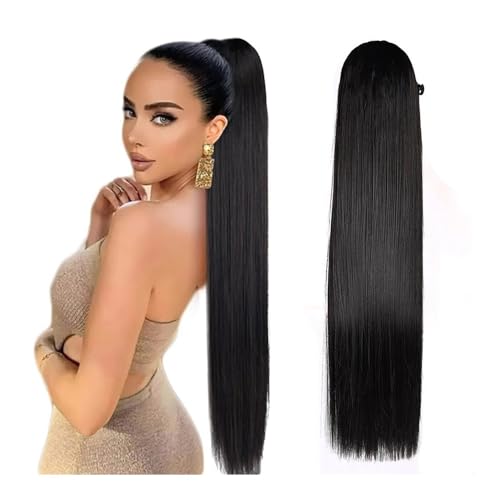 Pferdeschwanz Extensions Synthetischer langer gerader Pferdeschwanz mit Kordelzug, 32 Zoll, Clip-In-Haarverlängerung for Frauen, hitzebeständiges Kunsthaar Ponytail Extension(Black,32inches 85cm) von QRSTUVXZY