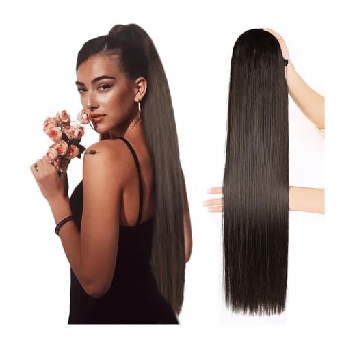 Pferdeschwanz Extensions Synthetischer langer gerader Pferdeschwanz mit Kordelzug, 32 Zoll, Clip-In-Haarverlängerung for Frauen, hitzebeständiges Kunsthaar Ponytail Extension(LightBrown,30inches 80cm) von QRSTUVXZY