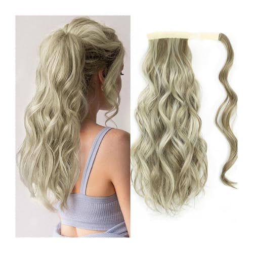 Pferdeschwanz Extensions Synthetisches, langes, gewelltes Pferdeschwanz-Haarteil for Umwickeln mit Clip-In-Haarverlängerungen mit Pony-Clips vorne und zwei seitlichen Ponyfransen for Frauen Ponytail E von QRSTUVXZY