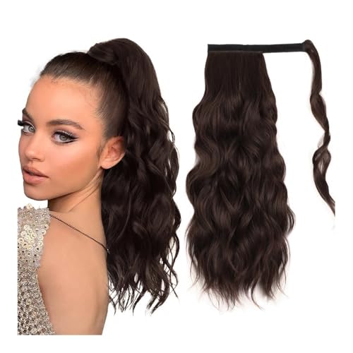 Pferdeschwanz Extensions Synthetisches, langes, gewelltes Pferdeschwanz-Haarteil for Umwickeln mit Clip-In-Haarverlängerungen mit Pony-Clips vorne und zwei seitlichen Ponyfransen for Frauen Ponytail E von QRSTUVXZY