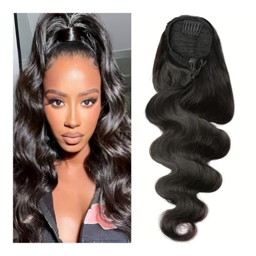 Pferdeschwanz Extensions Wave Pferdeschwanz-Verlängerung Wrap Around Magic Paste Clip In Echthaarteile aus brasilianischem Echthaar for schwarze Frauen, Naturschwarz Ponytail Extension(16inch) von QRSTUVXZY