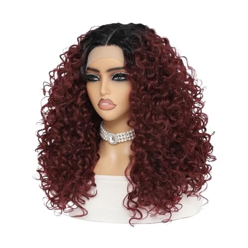 20 Zoll lockige synthetische Lace Front Perücke for Frauen schwarz T Teil 13 x 4,5 x 1 Lace Frontal Perücke(Wine red) von QRSTUVXZY