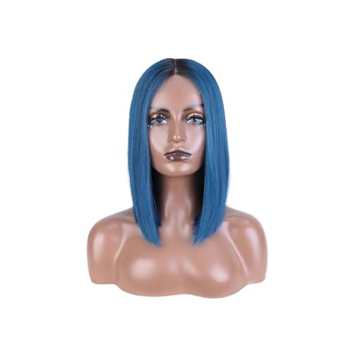 Synthetische Lace Front Perücke Gerade Kurze Bob 12 Zoll Perücken for Frauen Cosplay Perücken Mittelteil Lace Perücke(Blue) von QRSTUVXZY