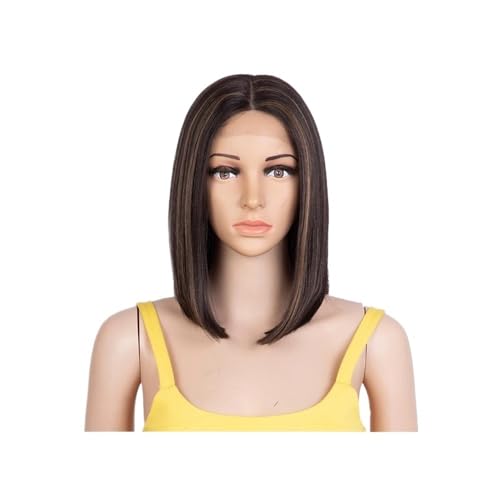 Synthetische Lace Front Perücke Gerade Kurze Bob 12 Zoll Perücken for Frauen Cosplay Perücken Mittelteil Lace Perücke(Medium Brown+Blonde) von QRSTUVXZY