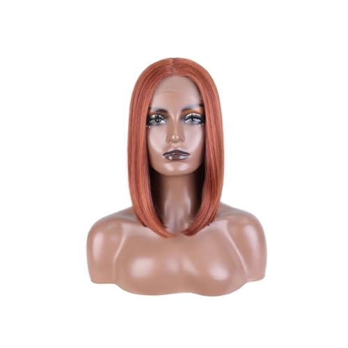 Synthetische Lace Front Perücke Gerade Kurze Bob 12 Zoll Perücken for Frauen Cosplay Perücken Mittelteil Lace Perücke(Orange-brown) von QRSTUVXZY