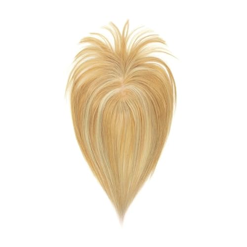Topper mit Pony, Clip-in-Topper for Frauen, echtes Remy-Menschenhaar, Seidenbasis, Mittelteil, Haartoupet for dünner werdendes Haar(14inch,Dark Blonde Highlighted) von QRSTUVXZY