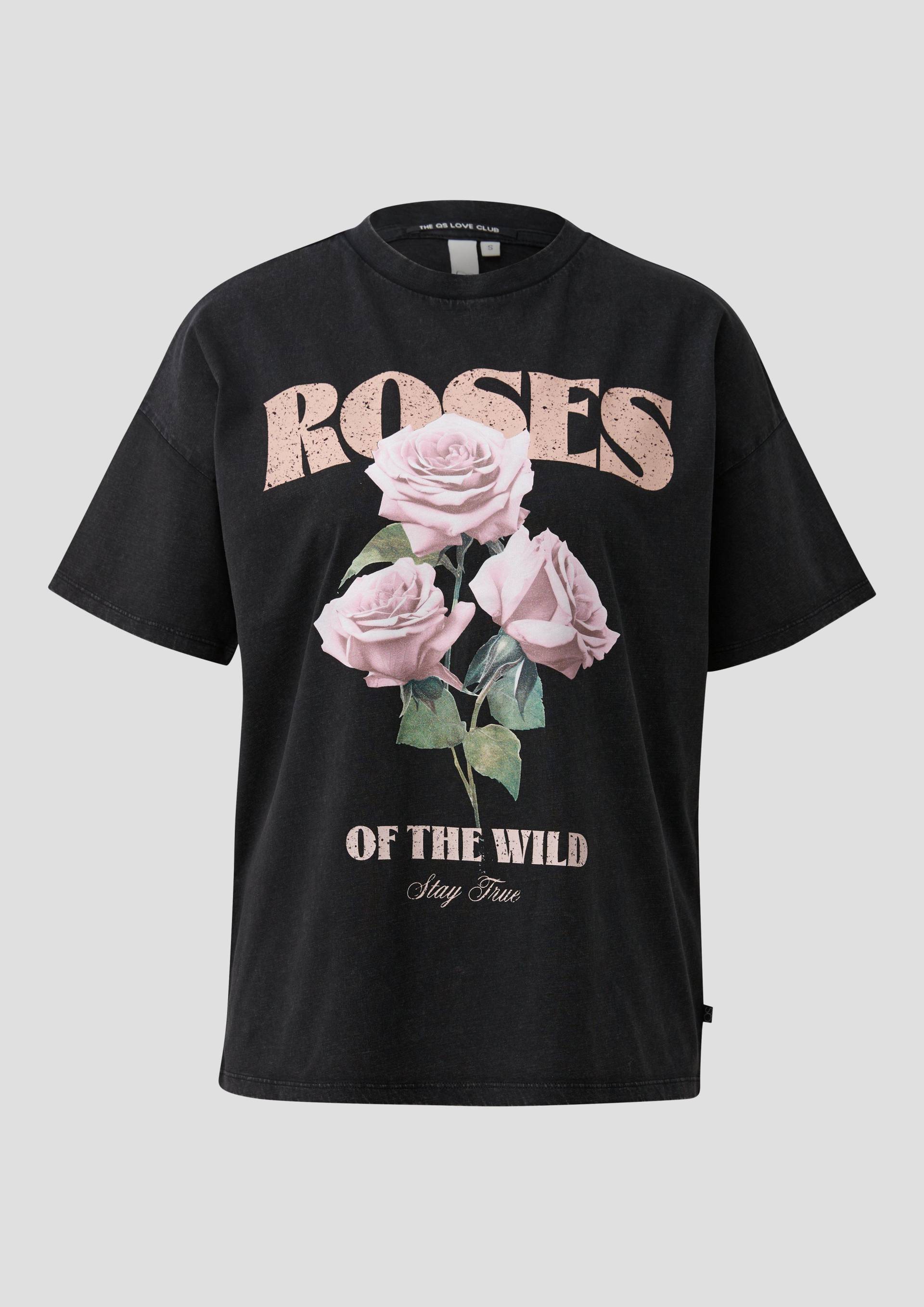 QS - Baumwollshirt mit Frontprint in Used-Optik, Damen, schwarz|mehrfarbig von QS