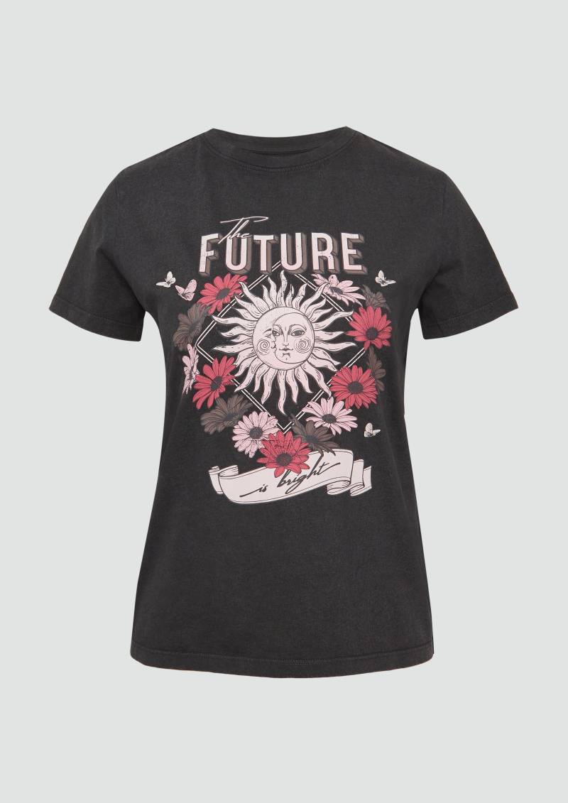 QS - Baumwollshirt mit Frontprint in gewaschener Optik, Damen, schwarz von QS