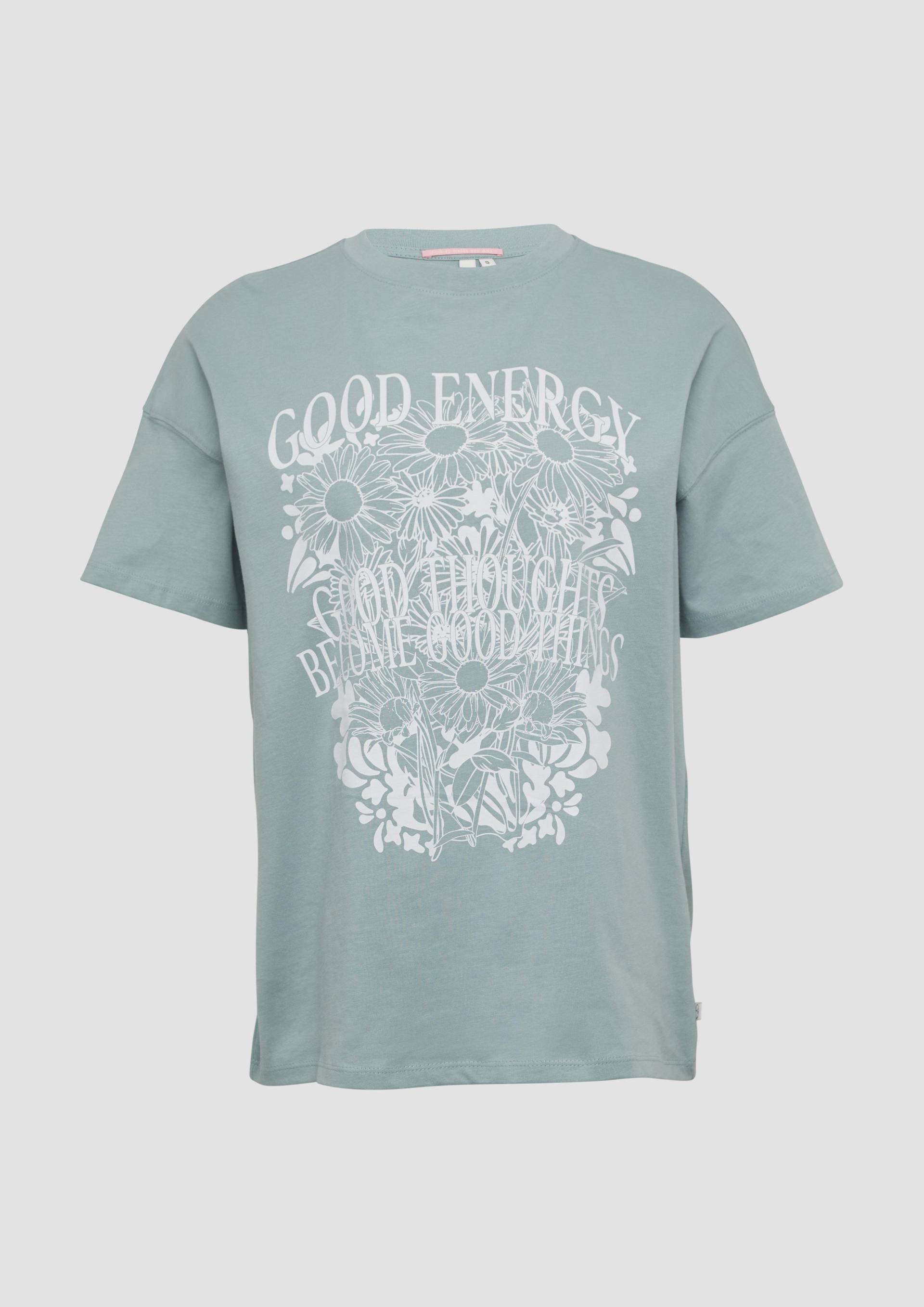 QS - Baumwollshirt mit Frontprint und überschnittener Schulter, Damen, grün von QS