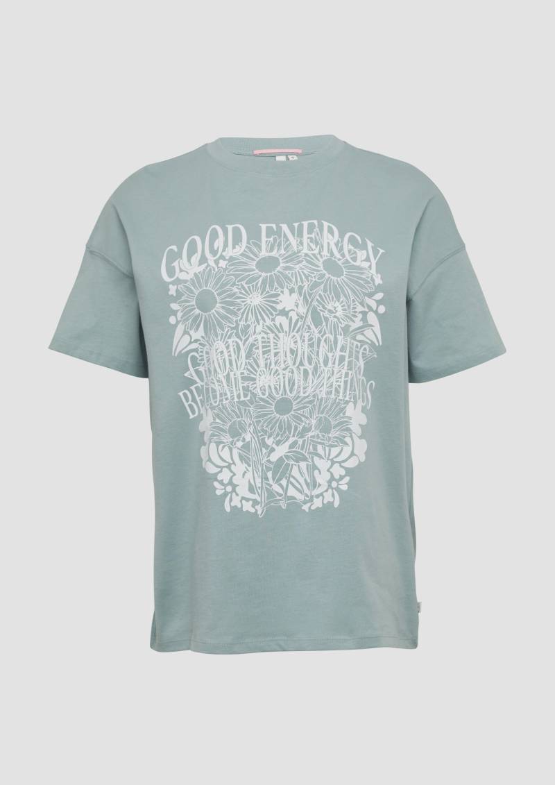 QS - Baumwollshirt mit Frontprint und überschnittener Schulter, Damen, grün von QS