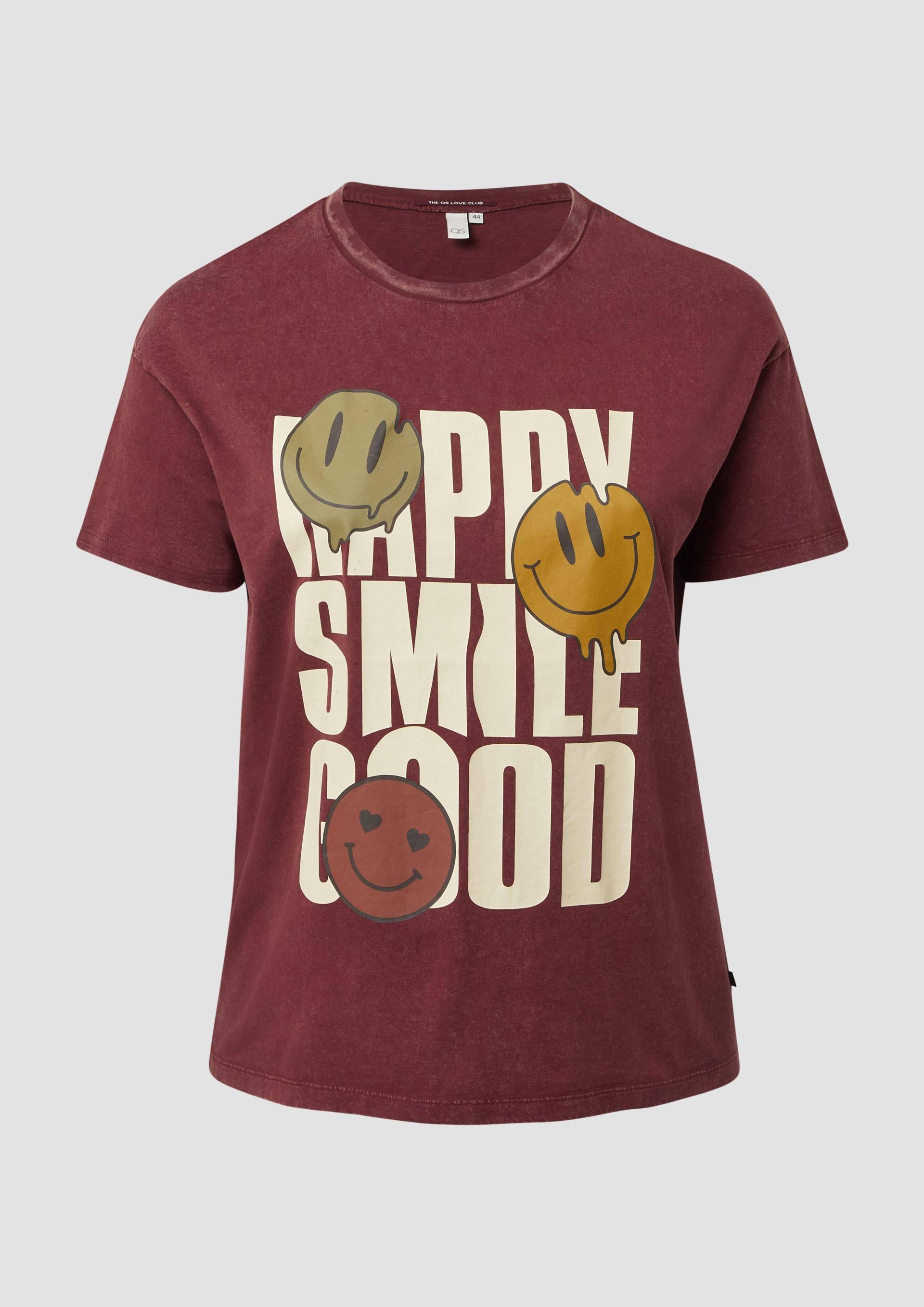 QS - Baumwollshirt mit Frontprint und überschnittener Schulter, Damen, rot von QS