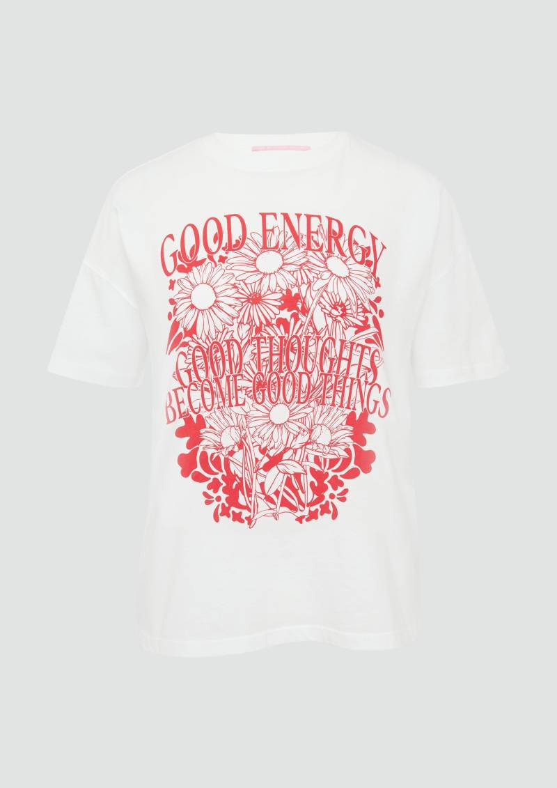 QS - Baumwollshirt mit Frontprint und überschnittener Schulter, Damen, weiß von QS