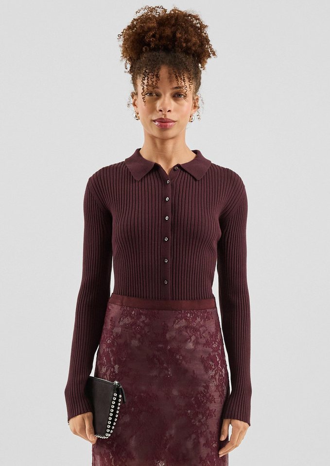 QS T-Shirt Strickjacke Schmaler, durchgeknöpfter Ripp Pullover mit Polokragen von QS