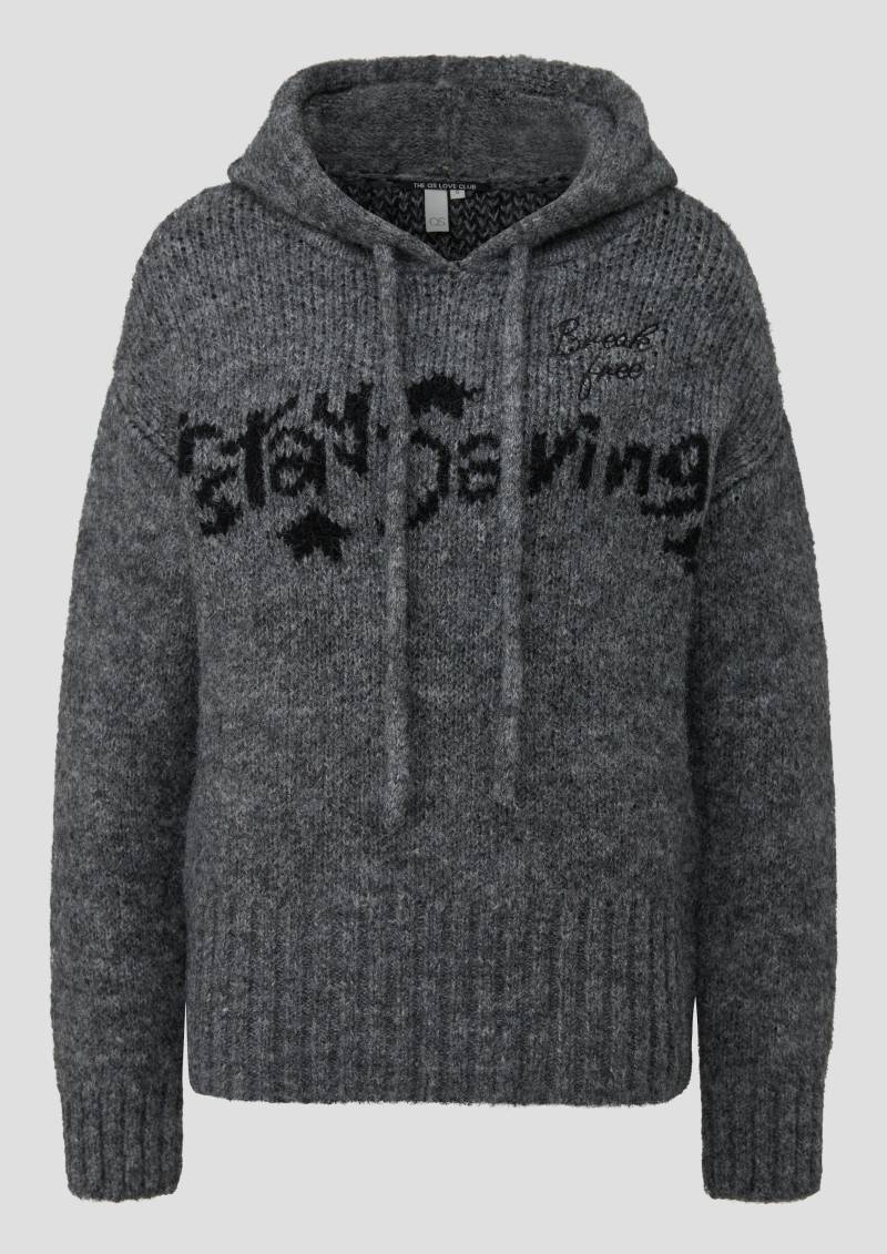 QS - Flauschiger Kapuzenpullover mit eingestricktem Wording, Damen, grau von QS
