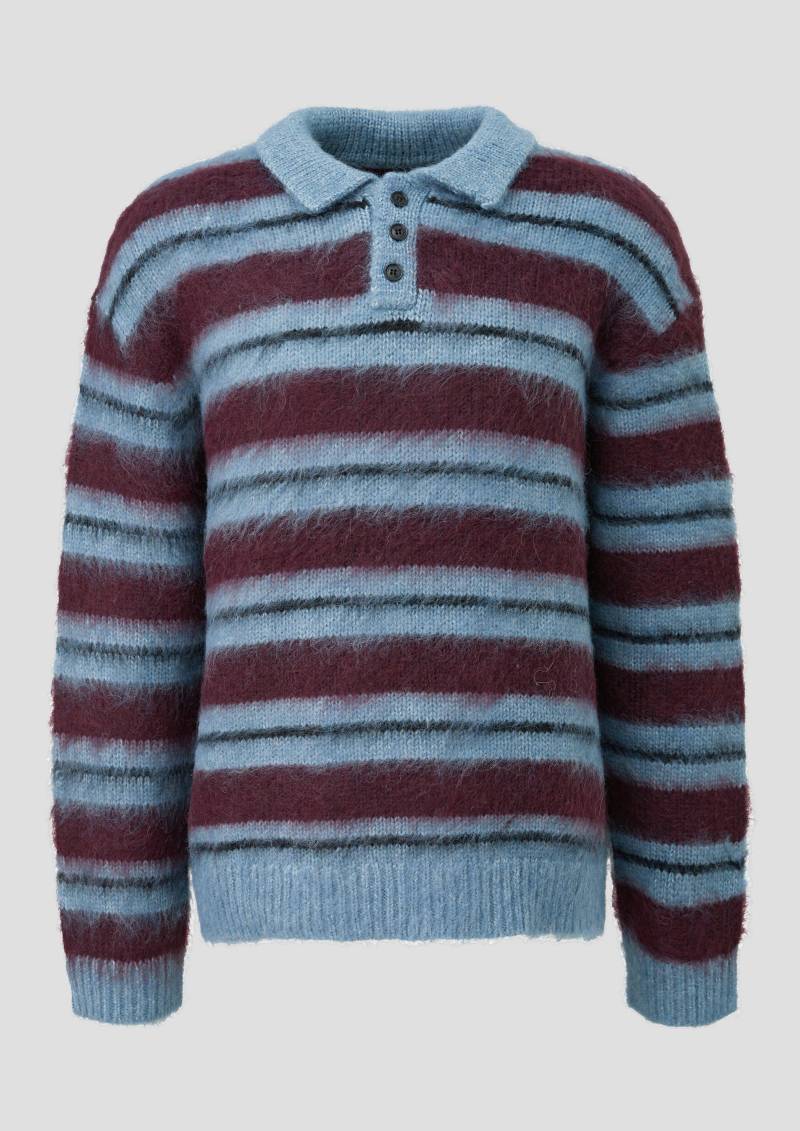 QS - Gestreifter Strickpullover mit Polokragen und Flauschgarn, Herren, türkis|mehrfarbig von QS