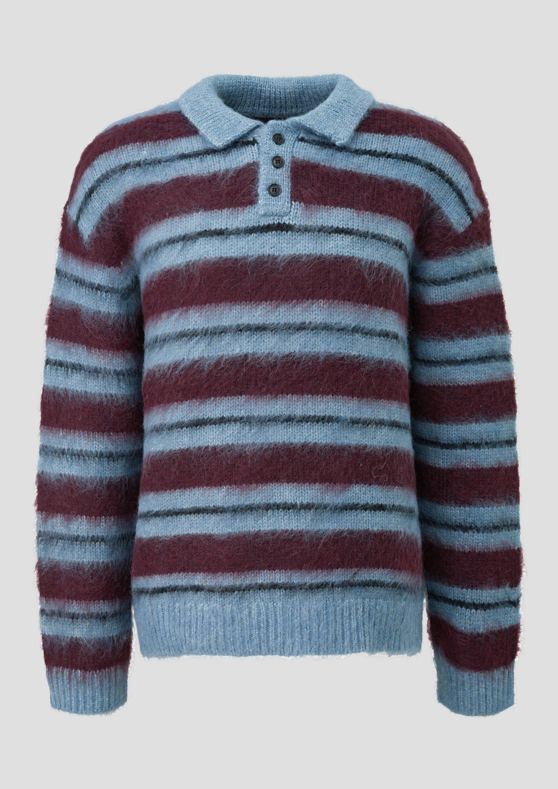 QS - Gestreifter Strickpullover mit Polokragen und Flauschgarn, Herren, türkis|mehrfarbig von QS