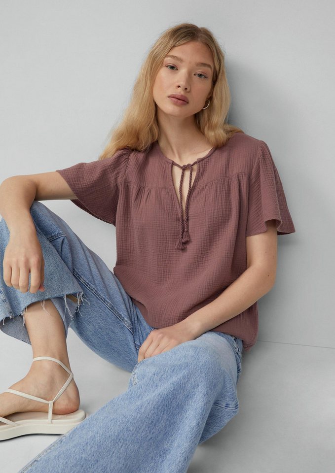 QS Kurzarmbluse Bluse Musselin-Bluse mit Bindeband (1-tlg) von QS
