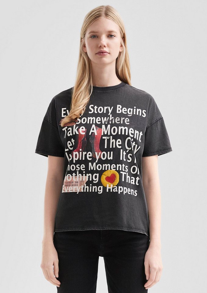 QS Kurzarmshirt T-Shirt Shirt in gewaschener Optik mit Frontprint von QS