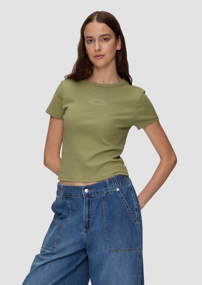 QS Kurzarmshirt T-Shirt Geripptes T-Shirt im Slim Fit mit Stickerei von QS