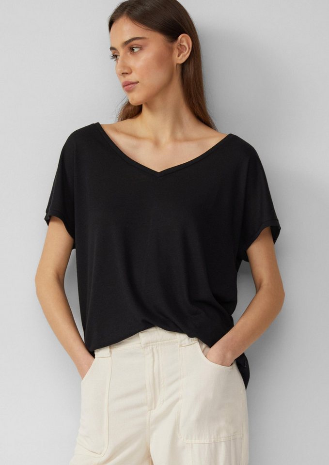 QS Kurzarmshirt T-Shirt Locker geschnittenes T-Shirt aus Leinenmix von QS