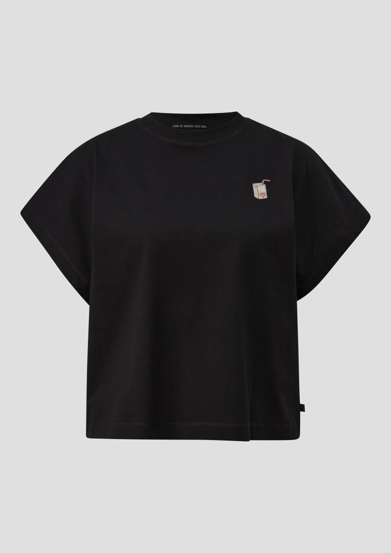 QS - Lässiges Baumwollshirt mit kleiner Stickerei, Damen, schwarz von QS