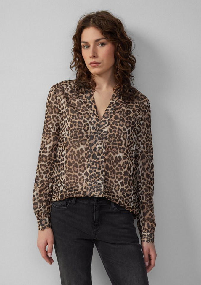 QS Langarmbluse Leicht transparente Chiffonbluse mit All-over-Print Raffung von QS