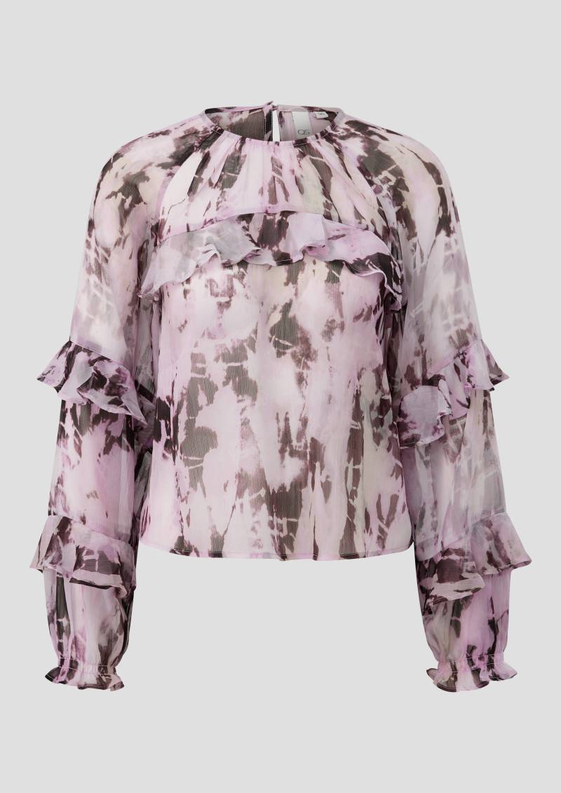 QS - Leicht transparente Chiffonbluse mit Rüschen und All-over-Print, Damen, pink|mehrfarbig von QS