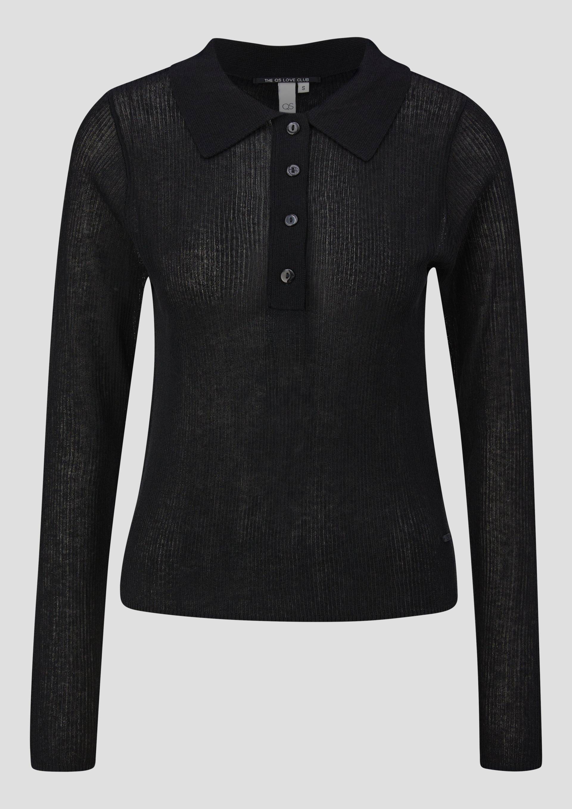 QS - Leicht transparenter Pullover mit Knopfleiste und Polokragen, Damen, schwarz von QS