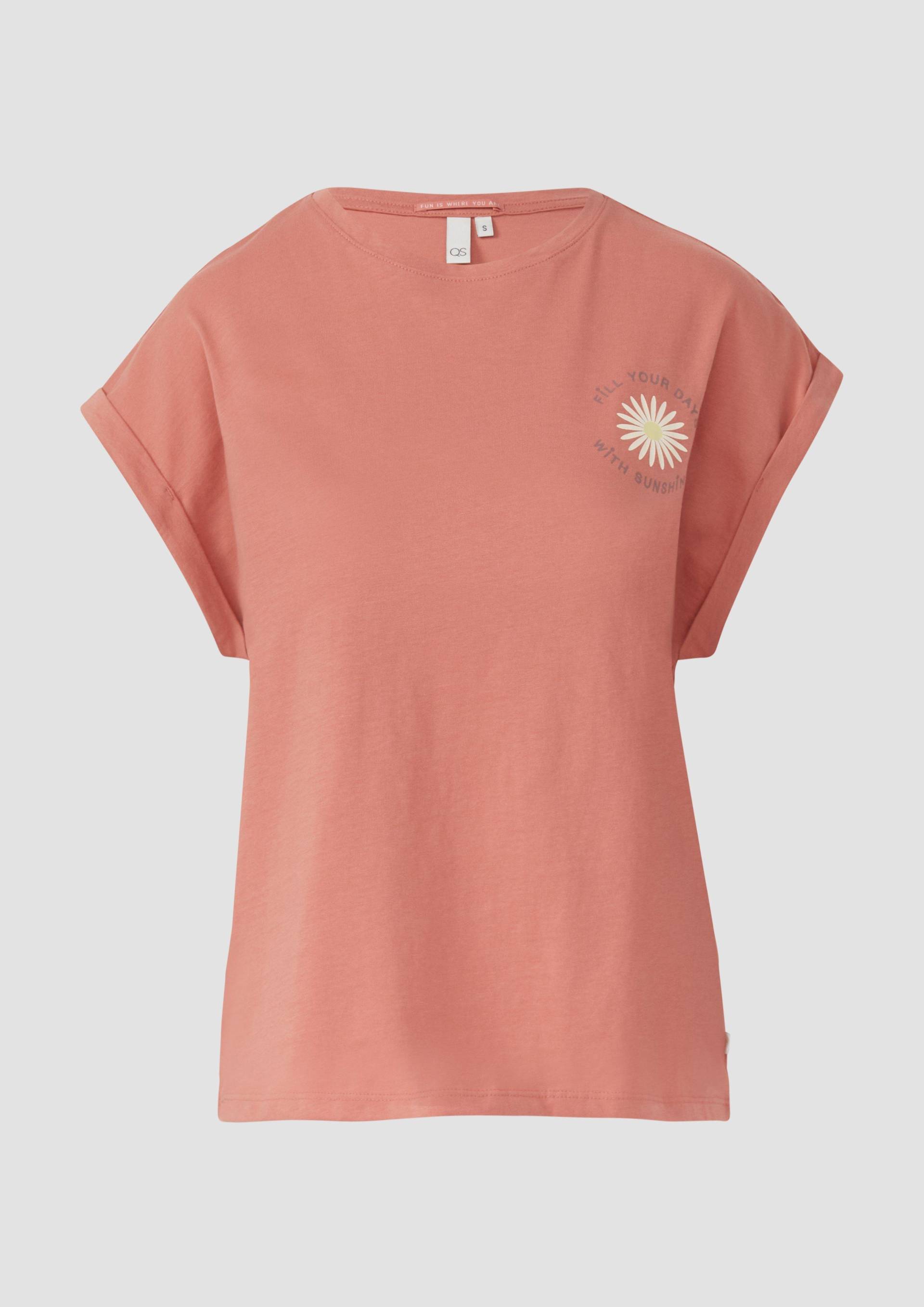 QS - Lockeres T- Shirt mit Ärmelaufschlag und Frontprint, Damen, Orange von QS