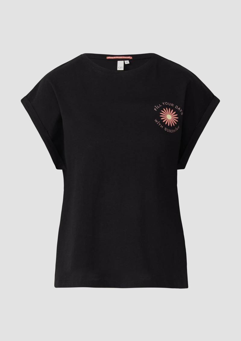 QS - Lockeres T- Shirt mit Ärmelaufschlag und Frontprint, Damen, schwarz von QS