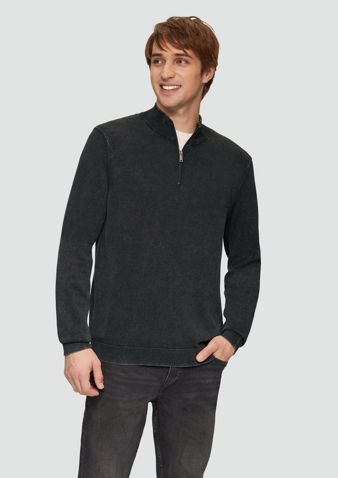 QS Longpullover Strickpullover Gewaschener Baumwollpullover mit Reißverschlusskragen von QS