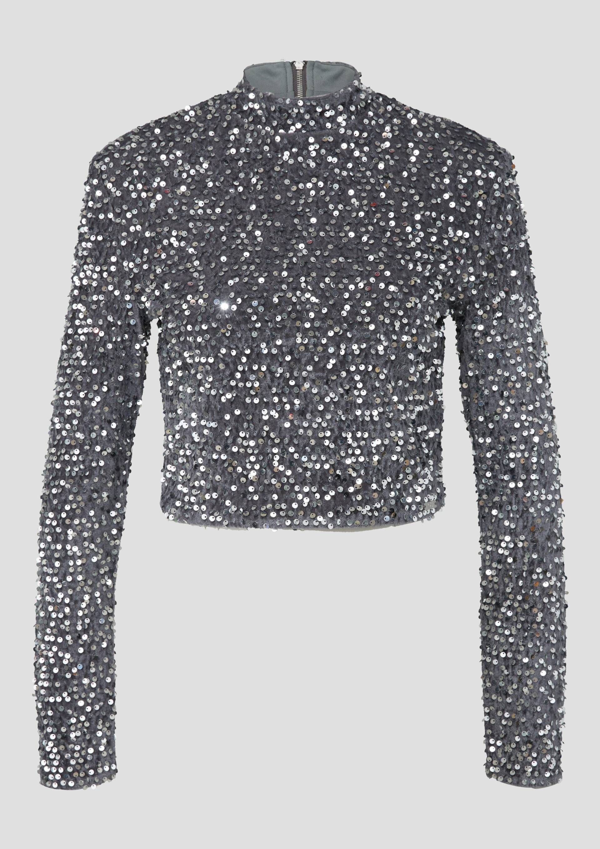 QS - QS x Vanessa Mai | verkürztes Samtshirt mit Pailletten all over, Damen, silber QS - QS x Vanessa Mai | verkürztes Samtshirt mit Pailletten all over, Damen, silber von QS
