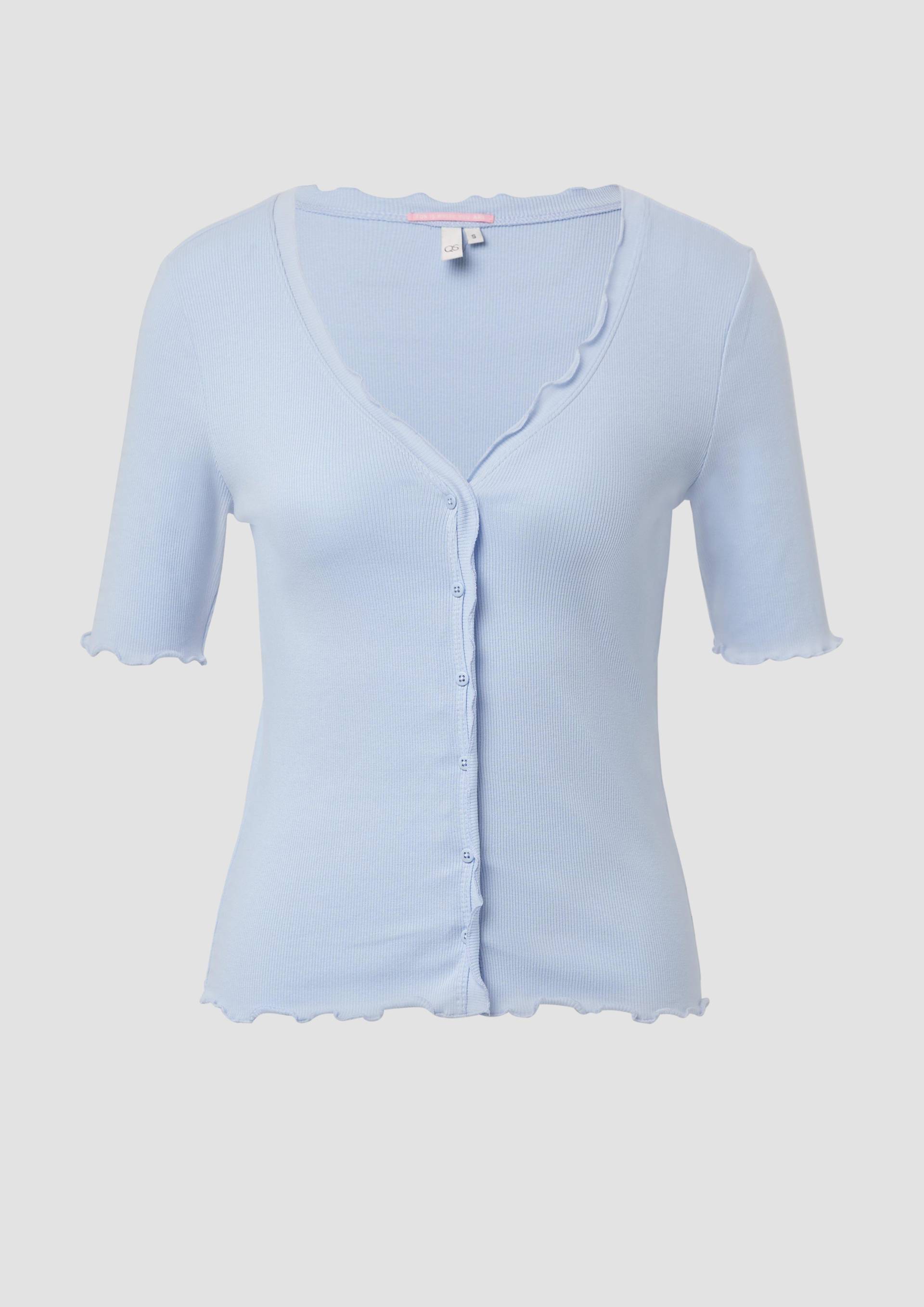 QS - Rippshirt mit Babylock-Kanten und Knopf-Detail, Damen, blau von QS