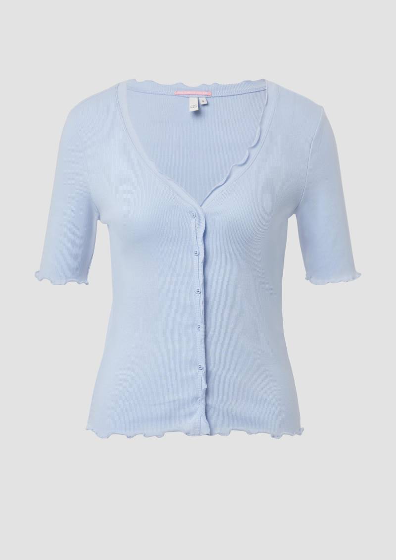 QS - Rippshirt mit Babylock-Kanten und Knopf-Detail, Damen, blau von QS