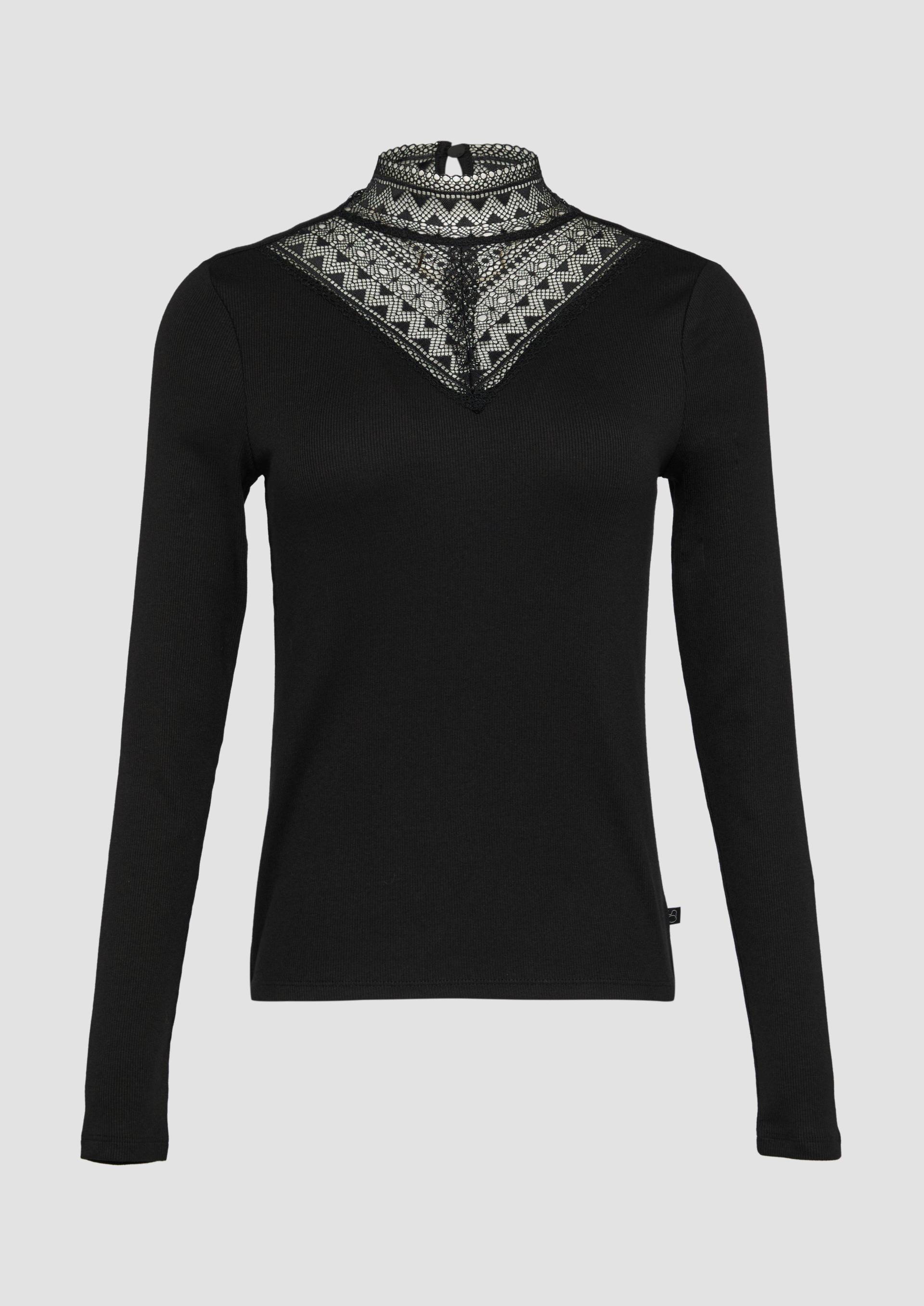 QS - Rippshirt mit Spitzeneinsatz und Stehkragen aus Spitze, Damen, schwarz von QS