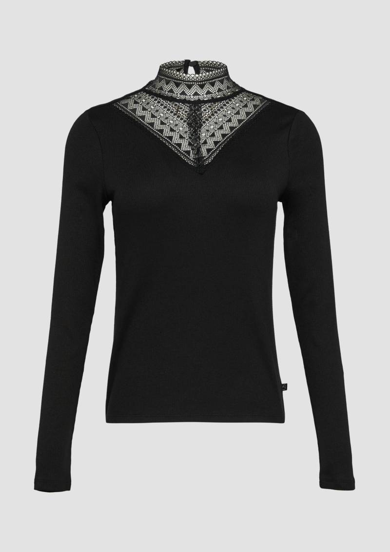 QS - Rippshirt mit Spitzeneinsatz und Stehkragen aus Spitze, Damen, schwarz von QS