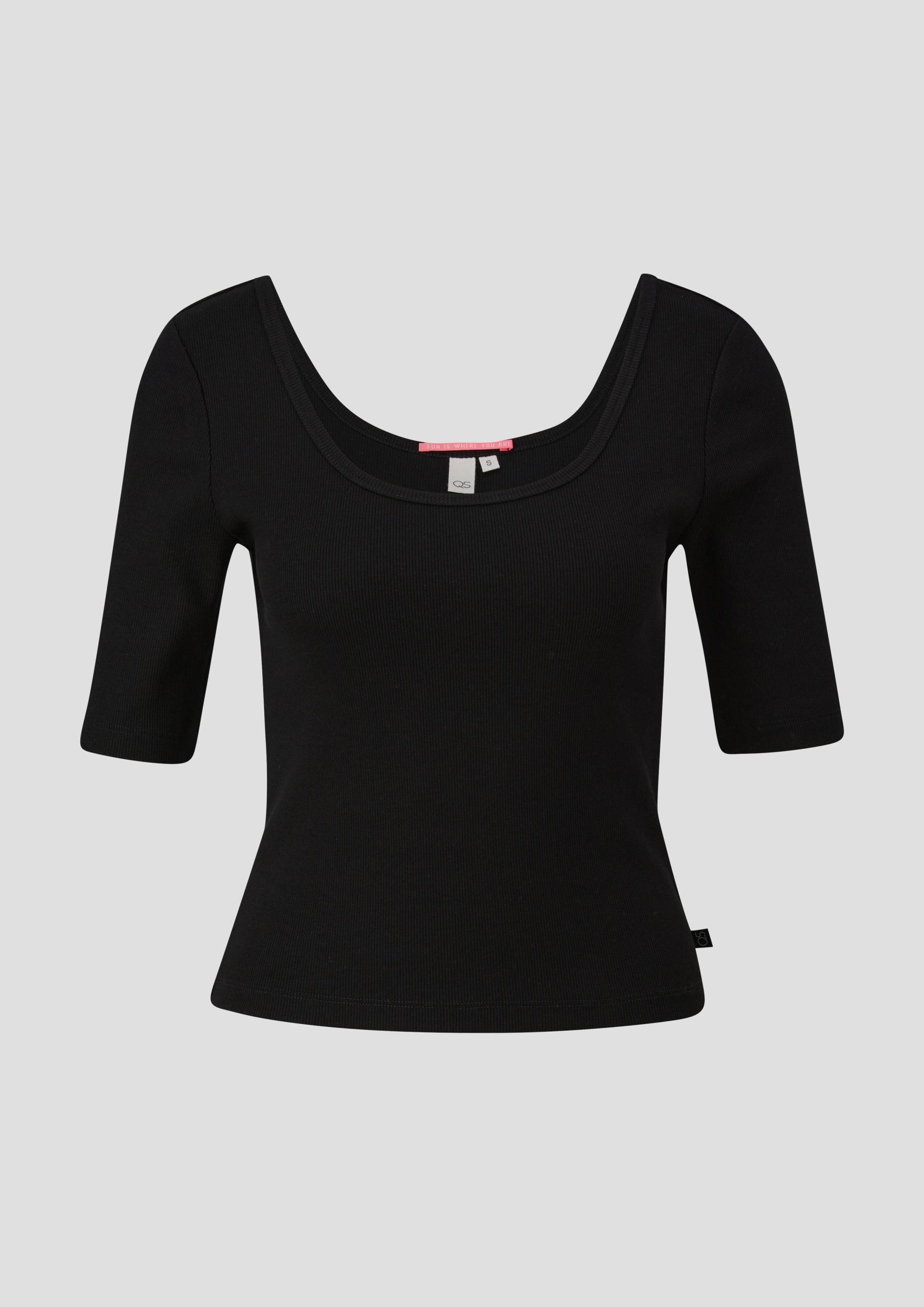 QS - Rippshirt mit tiefem Rundhalsausschnitt, Damen, schwarz von QS