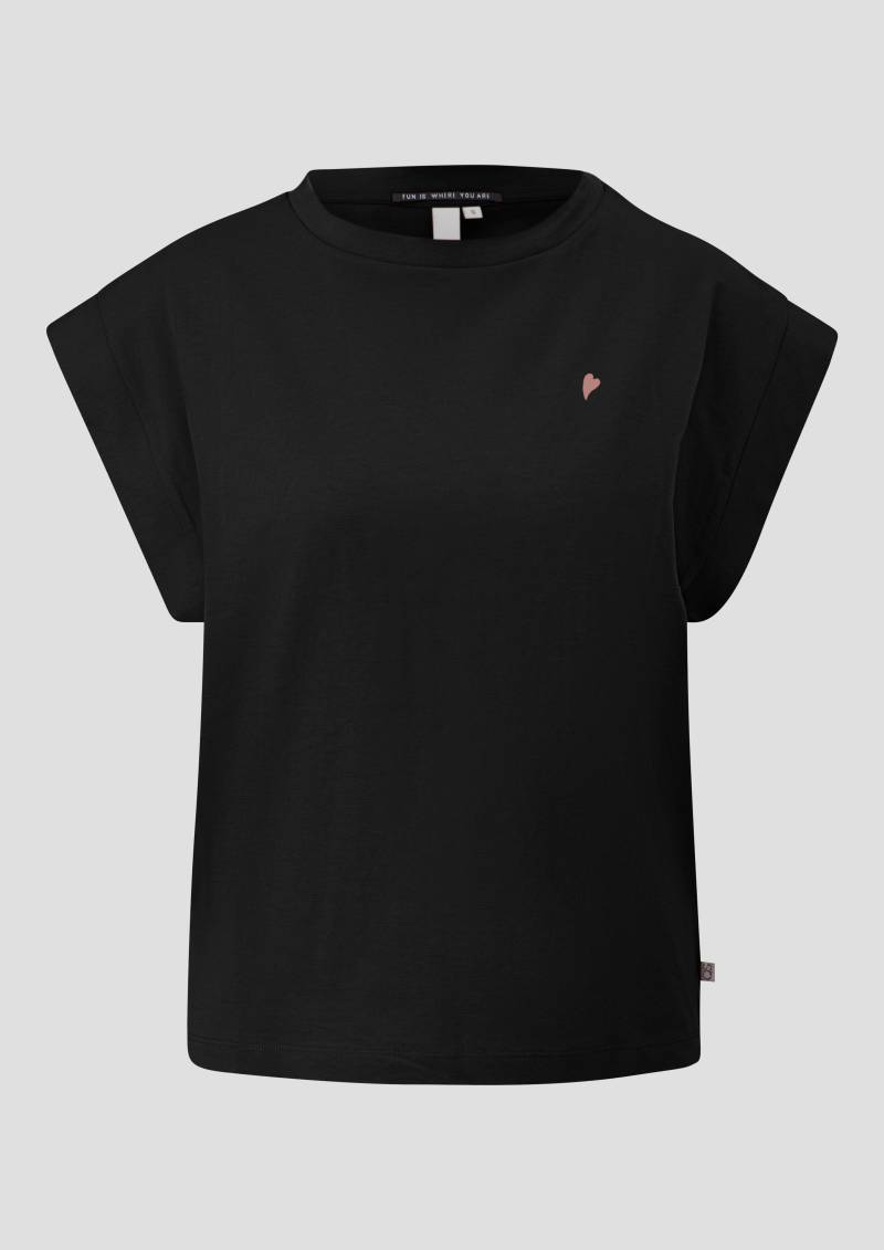 QS - T-Shirt mit überschnittenen Schultern und Stickerei, Damen, schwarz von QS