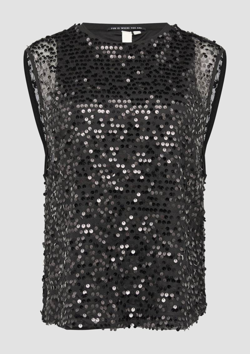 QS - Unterlegtes Blusentop mit Pailletten und Rundhalsausschnitt, Damen, schwarz von QS
