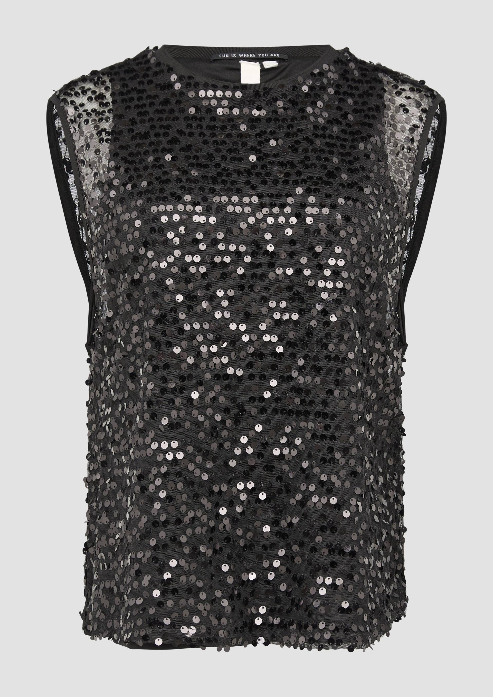 QS - Unterlegtes Blusentop mit Pailletten und Rundhalsausschnitt, Damen, schwarz von QS