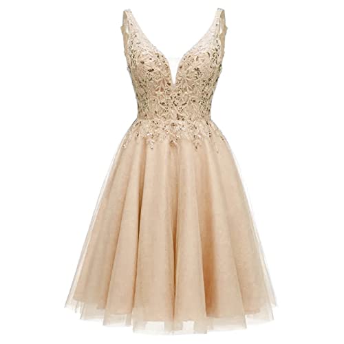 Damen Abendkleider Ballkleid Kurze Homecoming Kleider V-Ausschnitt Spitze Pailletten A-Linie Mini Cocktailkleider(Champagne,44) von QSICO