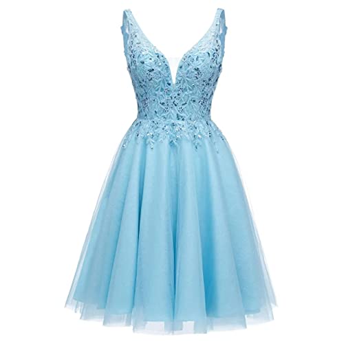 Damen Abendkleider Ballkleid Kurze Homecoming Kleider V-Ausschnitt Spitze Pailletten A-Linie Mini Cocktailkleider(Hellblau,38) von QSICO